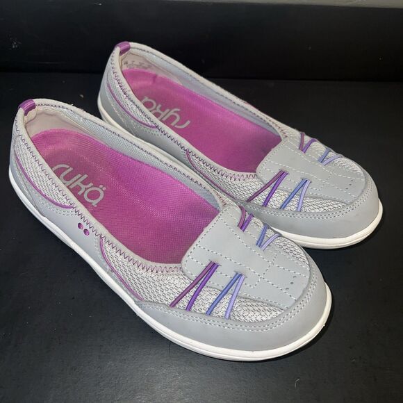Ryka Shoes - Ryka Tang Slip-On Comfort Shoes, Leather Upper, Gray&Purple Loafers Flats Size 8